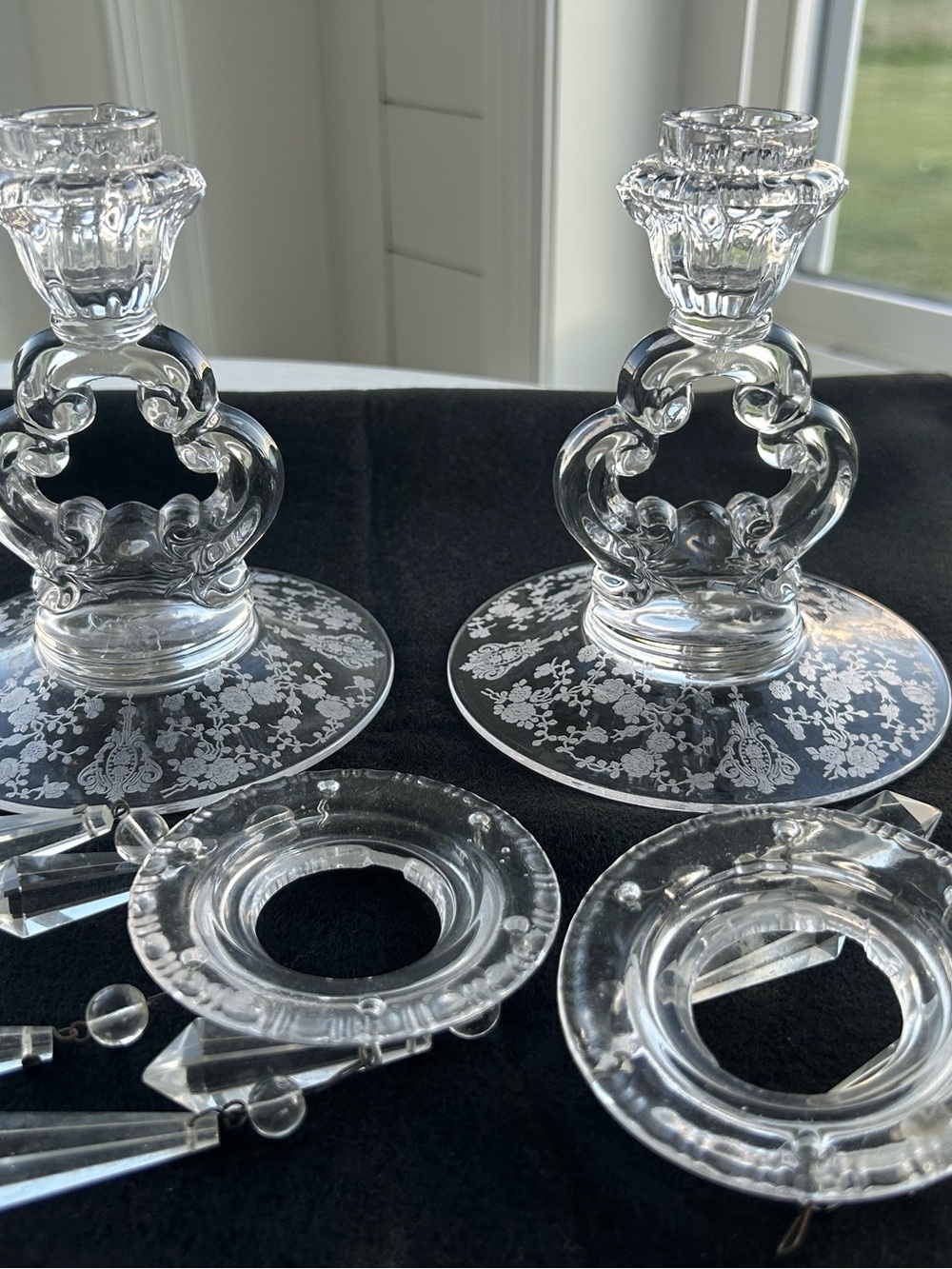 Clear Etched Glass Candlestick Holders - Pair